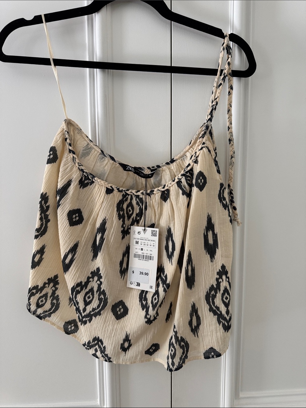 ZARA Cream and Black Patterned Spaghetti Strap Top - one shoulder